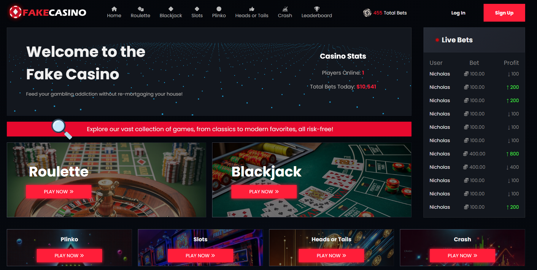 Fake Casino Website Homepage